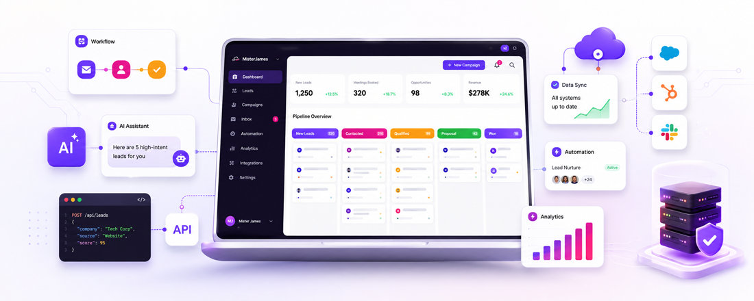Laptop dashboard illustration with AI assistant, workflow, API, data sync, automation and analytics features