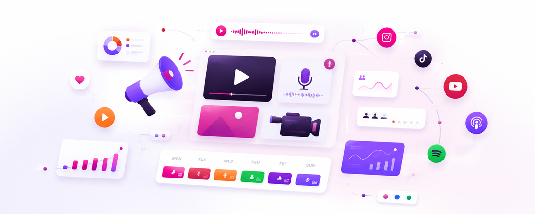 Social media and media marketing illustration with video, audio and analytics icons