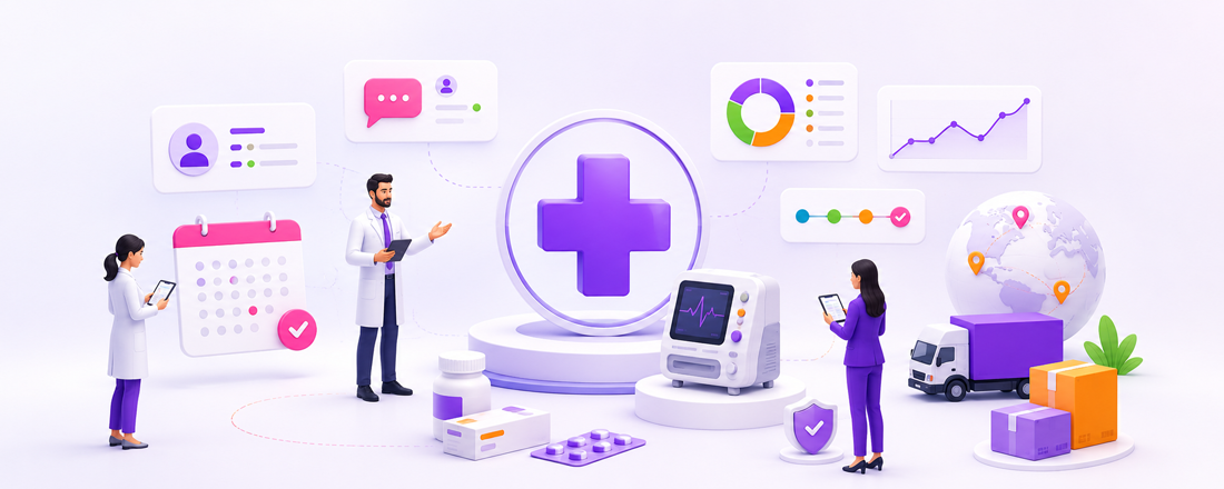 Healthcare workflow illustration with medical staff, charts, devices, shipping boxes and a central medical plus symbol.