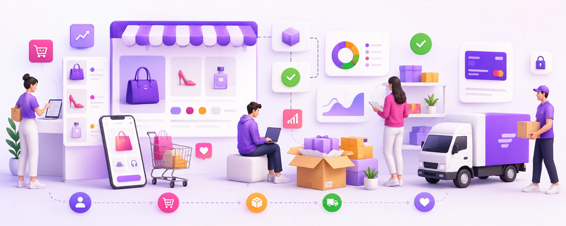 Illustration of an ecommerce CRM workflow with online store, customer data, orders, analytics, and delivery logistics