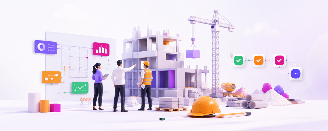 Construction project management illustration with a building site, crane, workers and workflow icons
