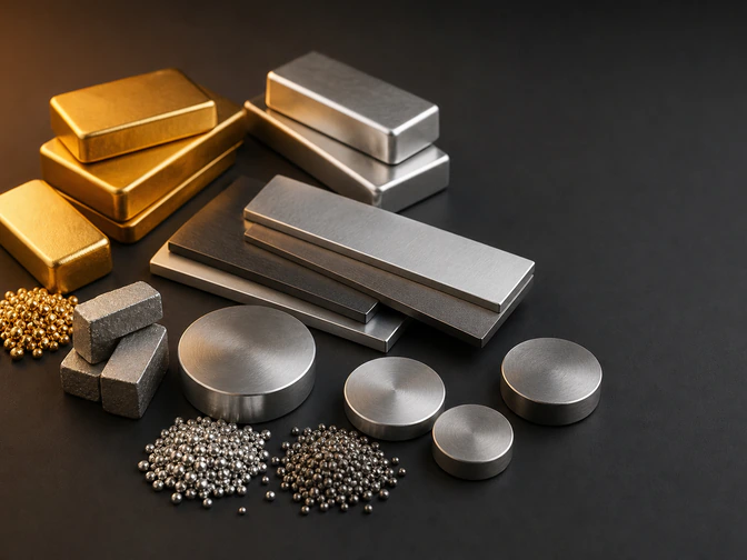 Ruhige Detailaufnahme verschiedener Edelmetalle auf dunklem Hintergrund