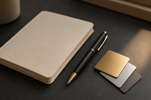 Persönliche Begleitung mit Struktur Eleganter Arbeitsplatz mit Notizbuch und Edelmetallstruktur