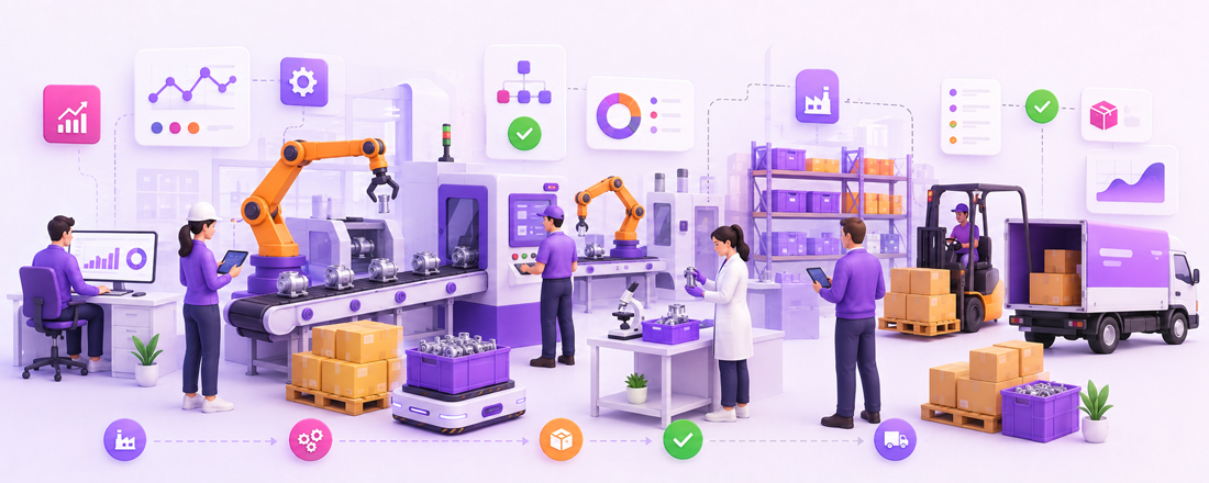 Manufacturing workflow illustration with production line, workers, inventory, and shipping