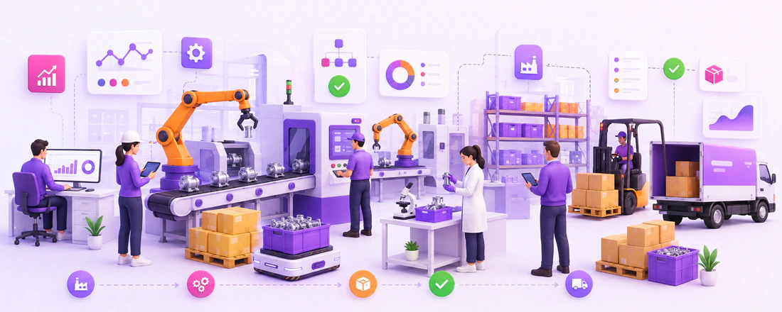 Illustration eines Fertigungs-Workflows mit Produktionslinie, Mitarbeitenden, Lager und Versand