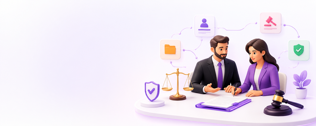 Illustration of two legal professionals reviewing documents with legal icons, a scale and a gavel beside them.