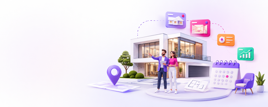 Real estate CRM illustration with a house, agents, calendar, location pin, and campaign icons.