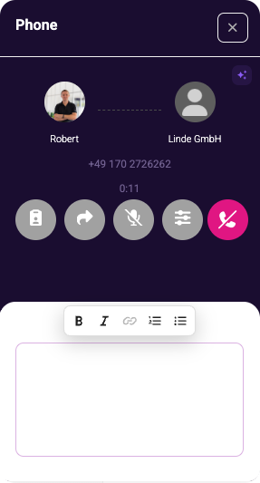 Active call screen with caller and contact details, call timer, notes field, and call controls.