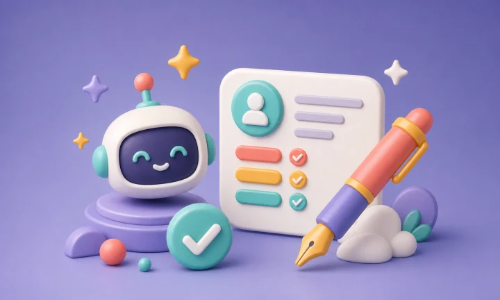 A chatbot and profile card illustration with a check mark and pen on a purple background