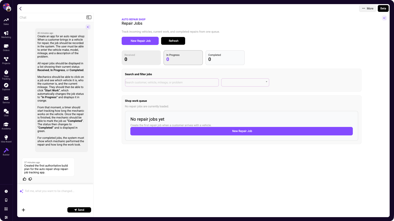 AI builder interface creating a repair job tracking app with a workflow preview and prompt panel