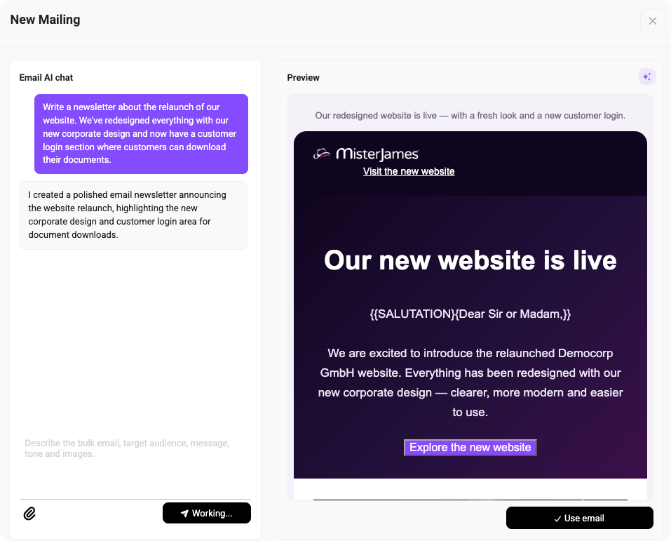 New mailing editor with an AI writing chat on the left and a live email preview on the right for a website relaunch announcement.