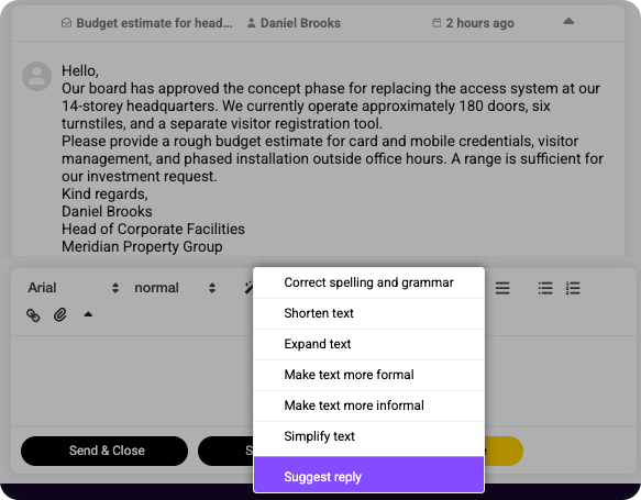 Service reply draft with an AI menu offering text editing and suggestion options for a facilities email.