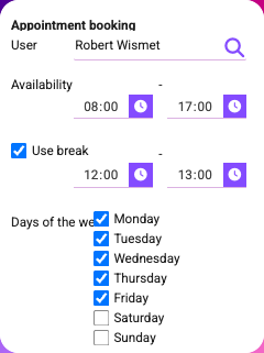 Appointment booking settings panel with user availability, break time, and weekday selection