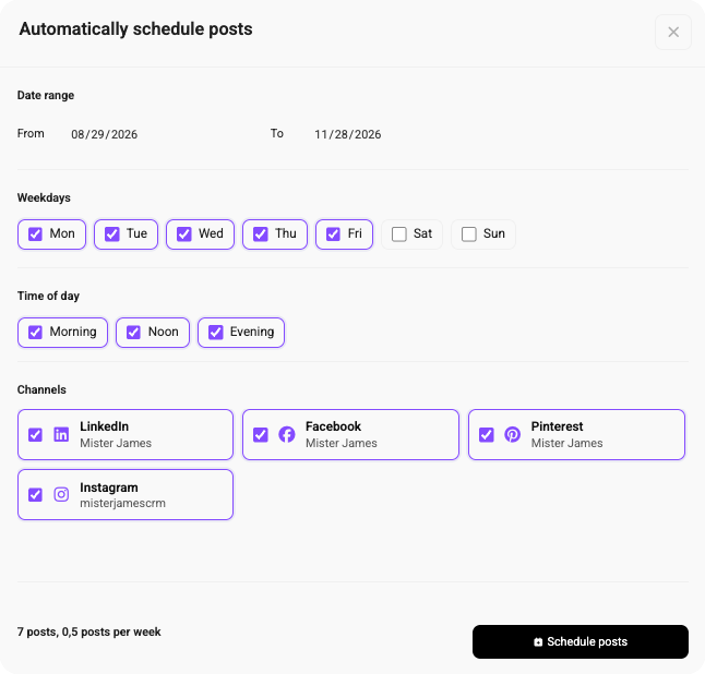 Automatic scheduling settings for social media posts with selected weekdays, times of day, and channels