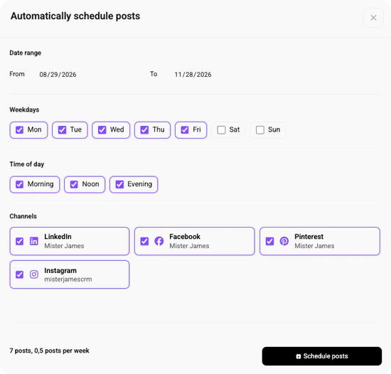Automatische Planung für Social-Media-Beiträge mit ausgewählten Wochentagen, Uhrzeiten und Kanälen