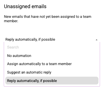 Dropdown for unassigned emails showing automation options such as no automation, assign automatically, suggest an automatic reply, and reply automatically if possible.