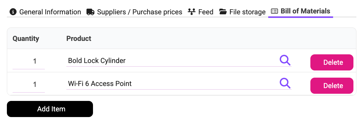 Bill of materials list showing required components for a product, including Bold Lock Cylinder and Wi‑Fi 6 Access Point.