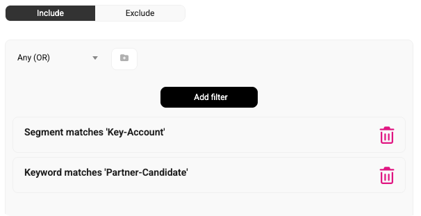 Audience filter settings with include and exclude rules for matching CRM segments and keywords before sending a mailing.