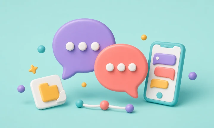 Team chat illustration with message bubbles, a shared file, and a mobile conversation screen
