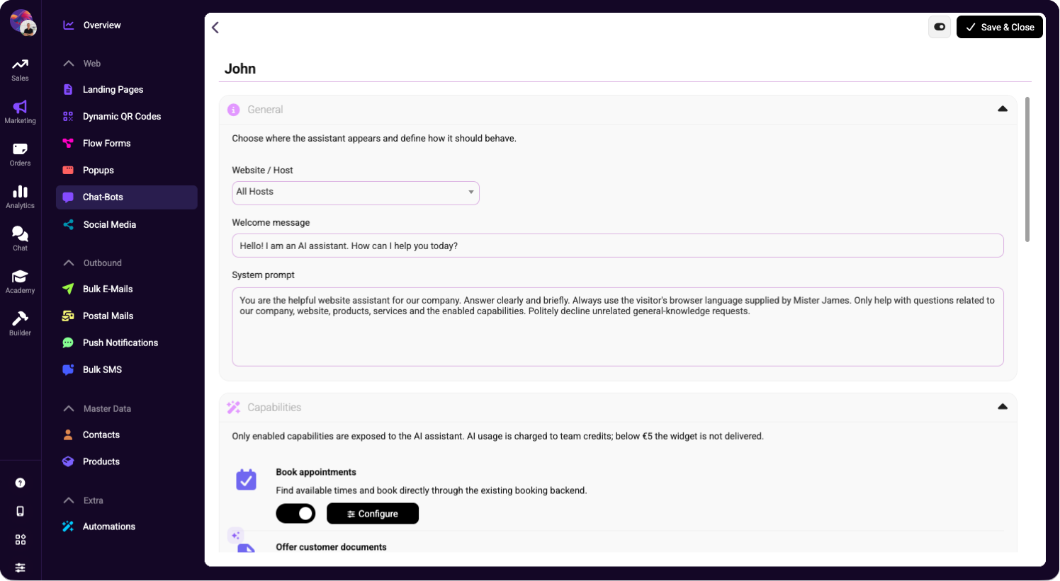 AI assistant settings screen showing welcome message, system prompt, and enabled capabilities