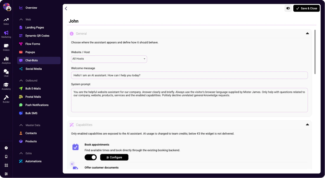 Einstellungen für den KI-Assistenten mit Begrüßungsnachricht, System-Prompt und aktivierten Fähigkeiten