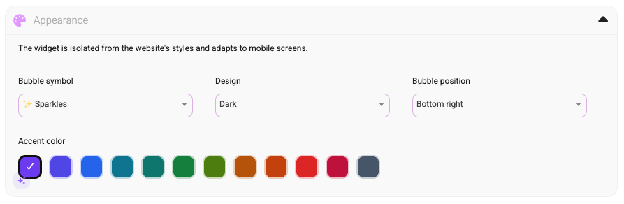 Appearance settings for the widget, including bubble symbol, dark design, bottom-right position, and accent color choices.