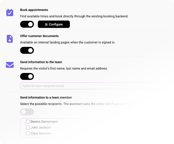 Assistant capability settings for booking appointments, offering customer documents, and sending information to the team or a team member.