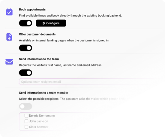 Einstellungen für Assistentenfunktionen zum Buchen von Terminen, zum Bereitstellen von Kundendokumenten und zum Senden von Informationen an das Team oder ein Teammitglied.