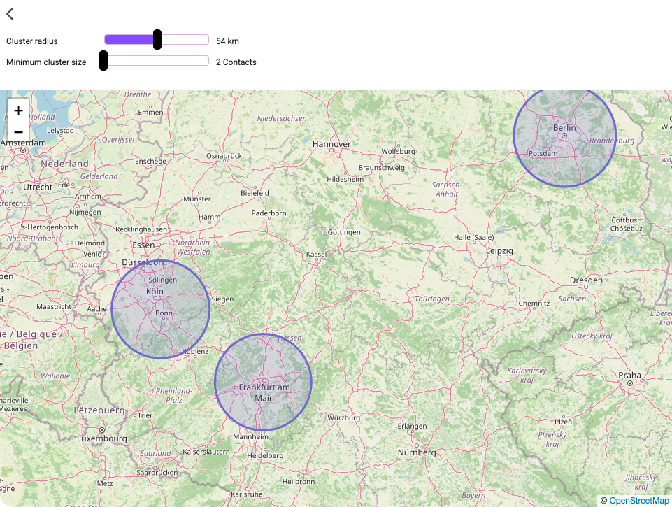 Cluster Finder map of Germany showing contact clusters around Berlin, Frankfurt, and Cologne with radius and minimum size controls