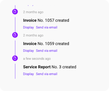 Activity timeline showing created invoices and a service report with display and email actions.