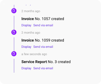 Zeitachse mit erstellten Rechnungen und einem Servicerapport mit Anzeige- und E-Mail-Aktionen.