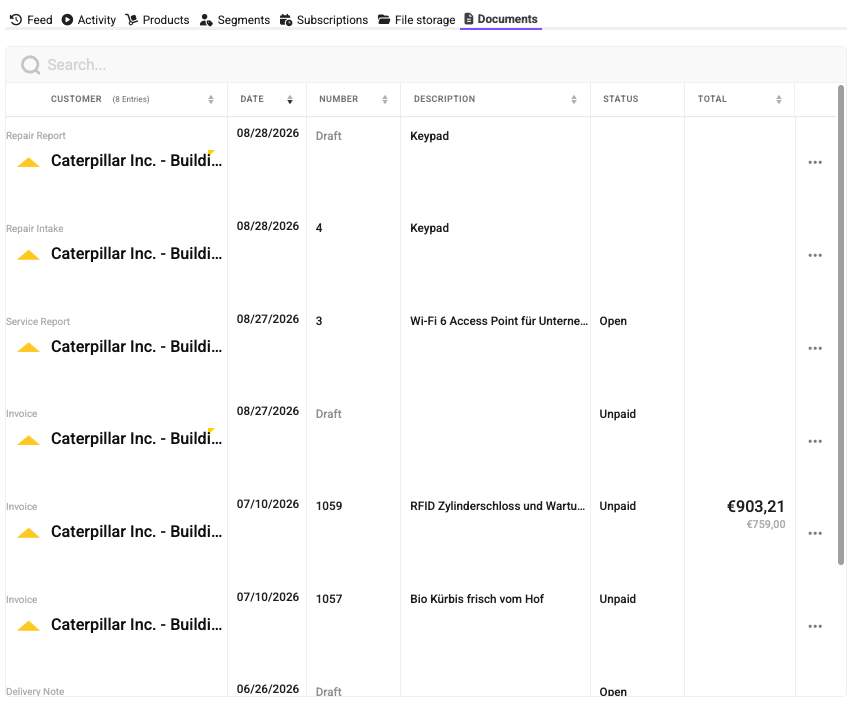 Documents table listing customer records such as repair reports, invoices, and service reports with dates and status.