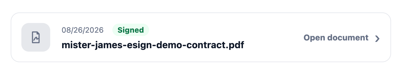 Signed PDF contract card with date and an Open document action.