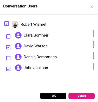 Conversation users dialog for selecting participants in a team chat channel.