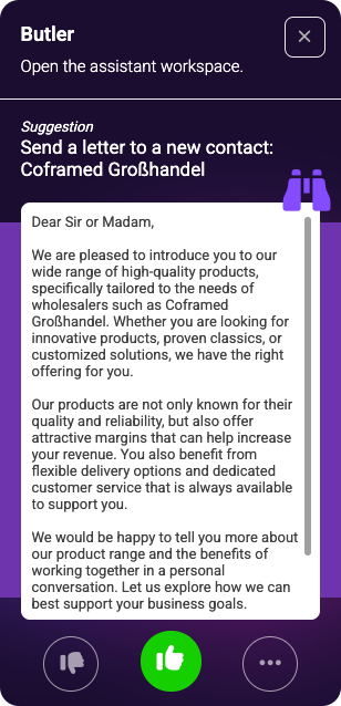 AI assistant suggestion panel drafting a letter to a new contact with feedback controls