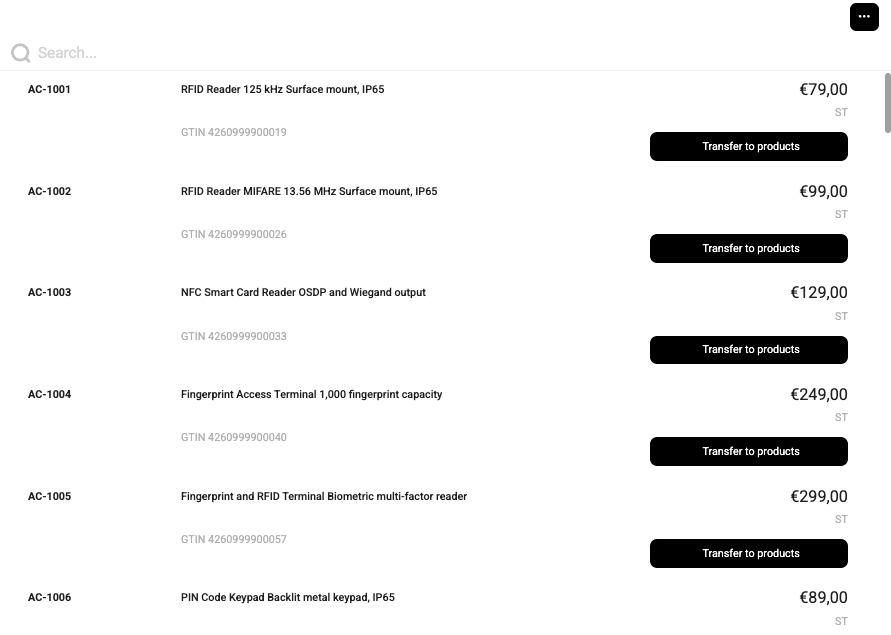 Product catalog list showing access control devices with prices and transfer to products buttons