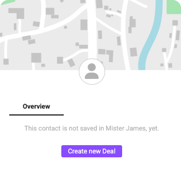 Contact overview showing a map, unsaved visitor status, and a Create new Deal button for turning a visitor into a CRM record.