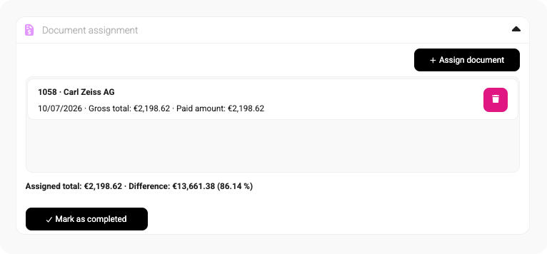 Document assignment panel matching a payment to Carl Zeiss AG with assigned total and difference shown.