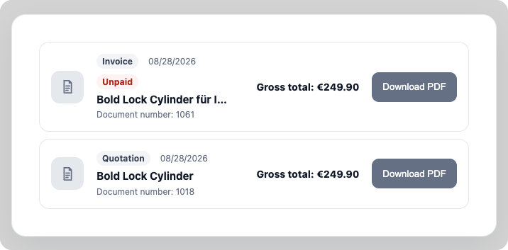 Customer portal showing an invoice and a quotation with gross totals and download PDF buttons.