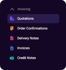 Invoicing menu with quotations, order confirmations, delivery notes, invoices, and credit notes.