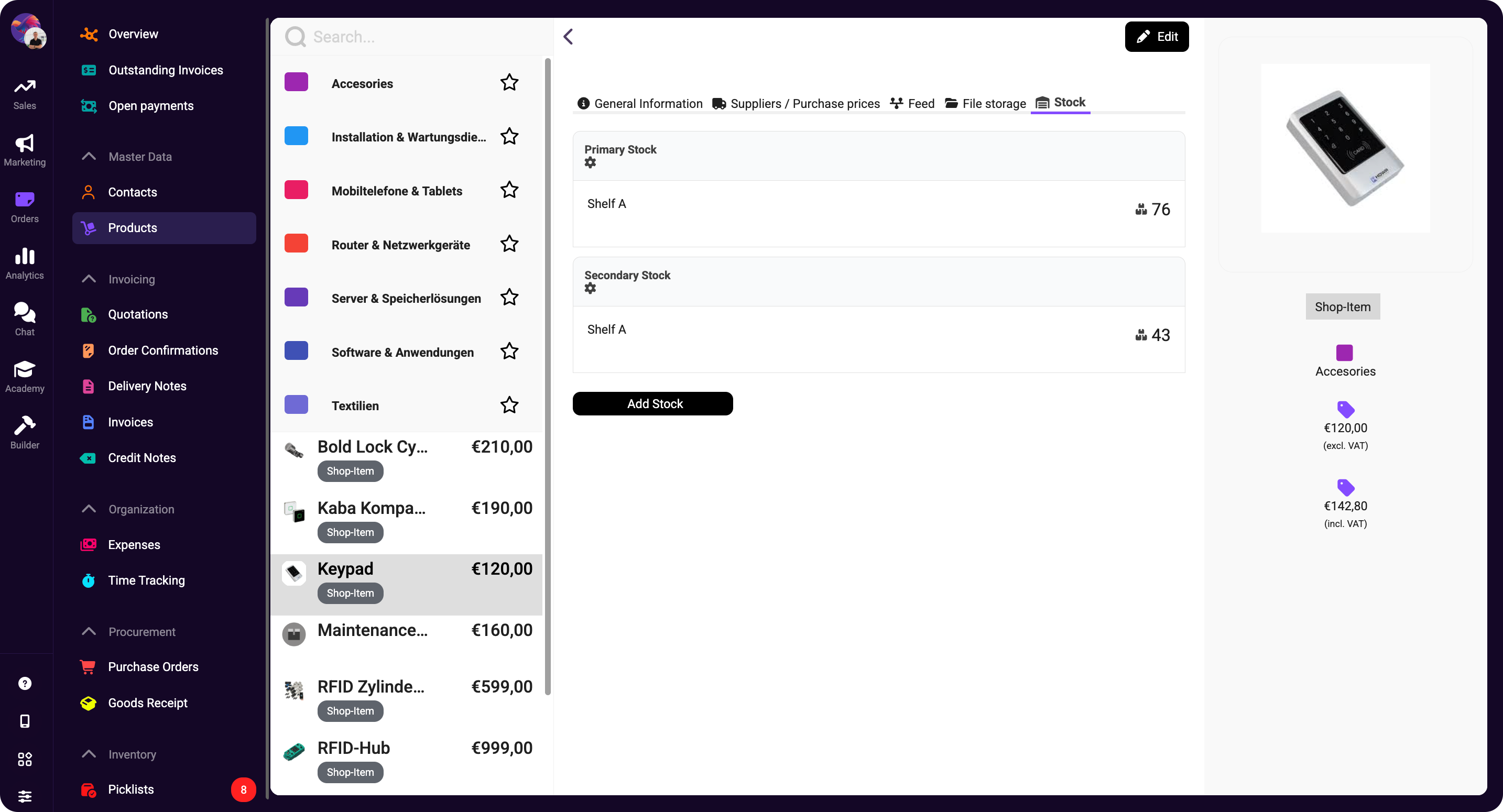 Inventory management screen showing product list, stock levels by shelf, and item pricing