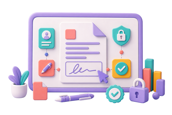 Digital document signing illustration with a signed page, approval icons, and security symbols for eSignature workflow.