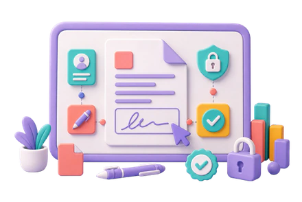 Illustration zur digitalen Dokumentensignatur mit einer unterschriebenen Seite, Freigabe-Icons und Sicherheitssymbolen für den eSignature-Workflow.