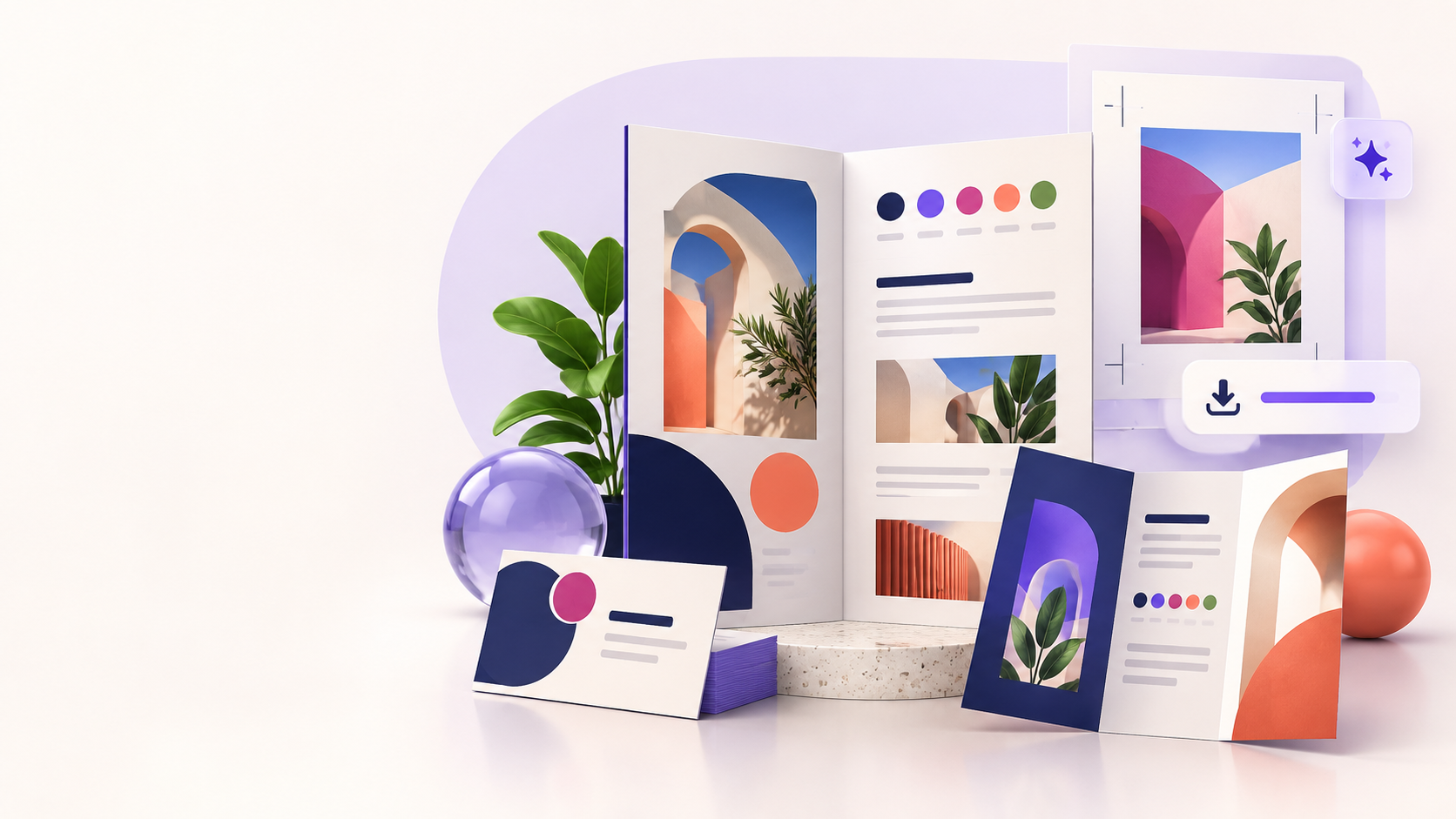 A chatbot and profile card illustration with a check mark and pen on a purple background