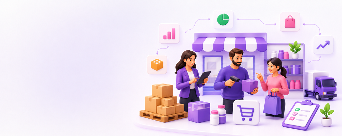 Illustration of a retail and wholesale team managing products, stock, orders and delivery around a storefront.