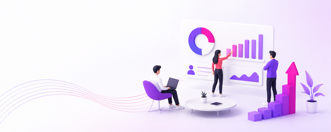 3D illustration of three people reviewing charts, growth bars and dashboard metrics in a consulting workspace