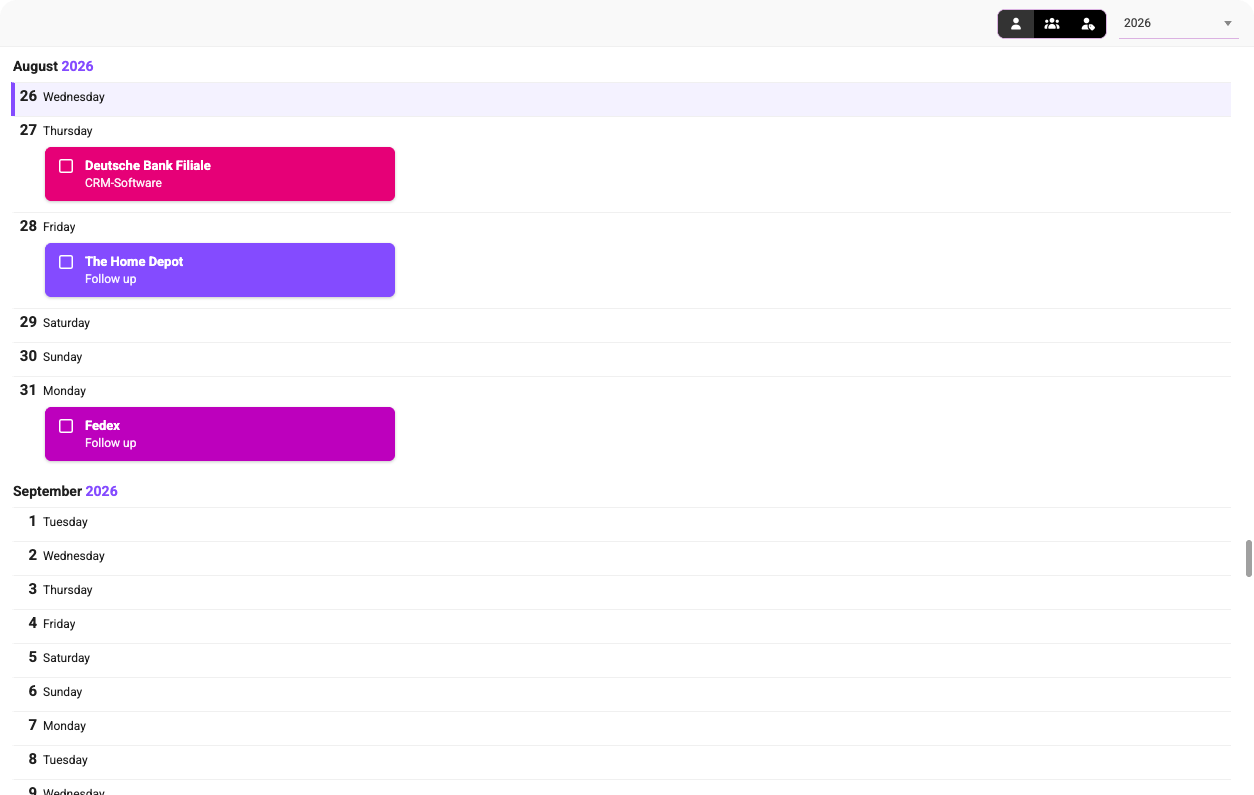 Calendar view with scheduled CRM follow-ups and customer activities in August and September 2026.
