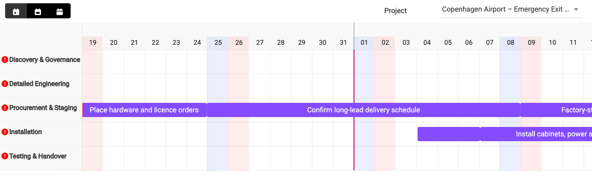 Gantt-style project timeline for Copenhagen Airport emergency exit work with phase bars across dates.