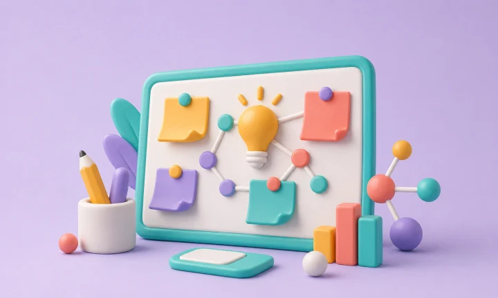 3D illustration of an idea board with notes, a lightbulb, and connected sticky notes on a purple background