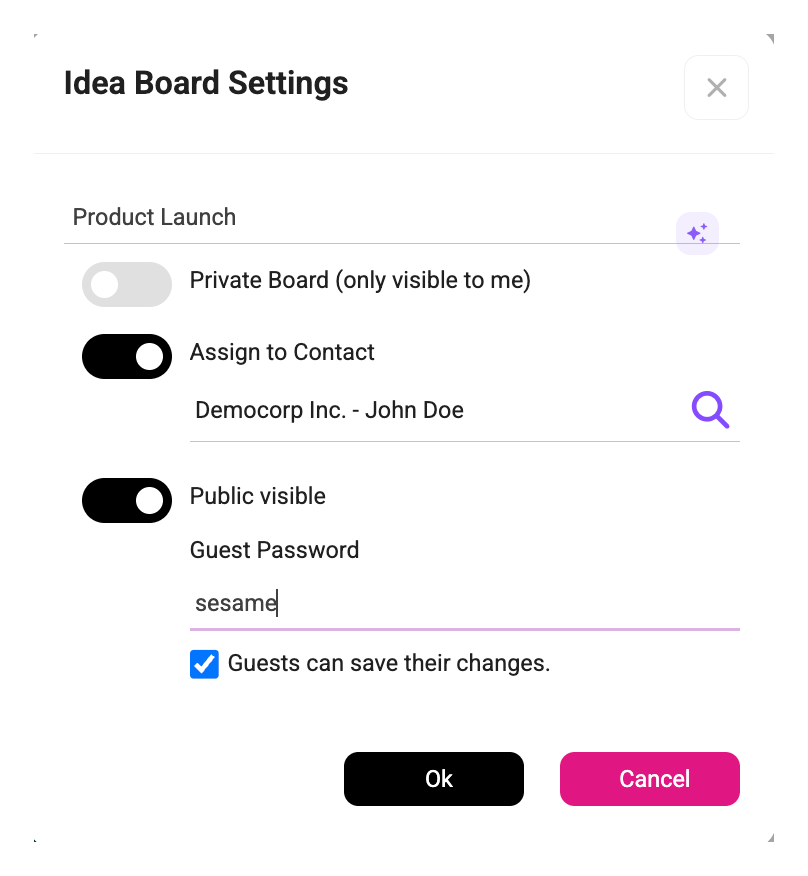 Idea Board settings modal showing private board, contact assignment, public access, guest password, and save changes options